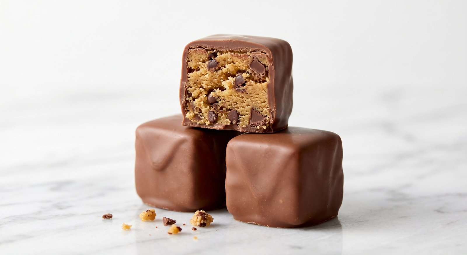 CUBITES milk chocolate cookie dough cubes, one bitten to show the soft centre