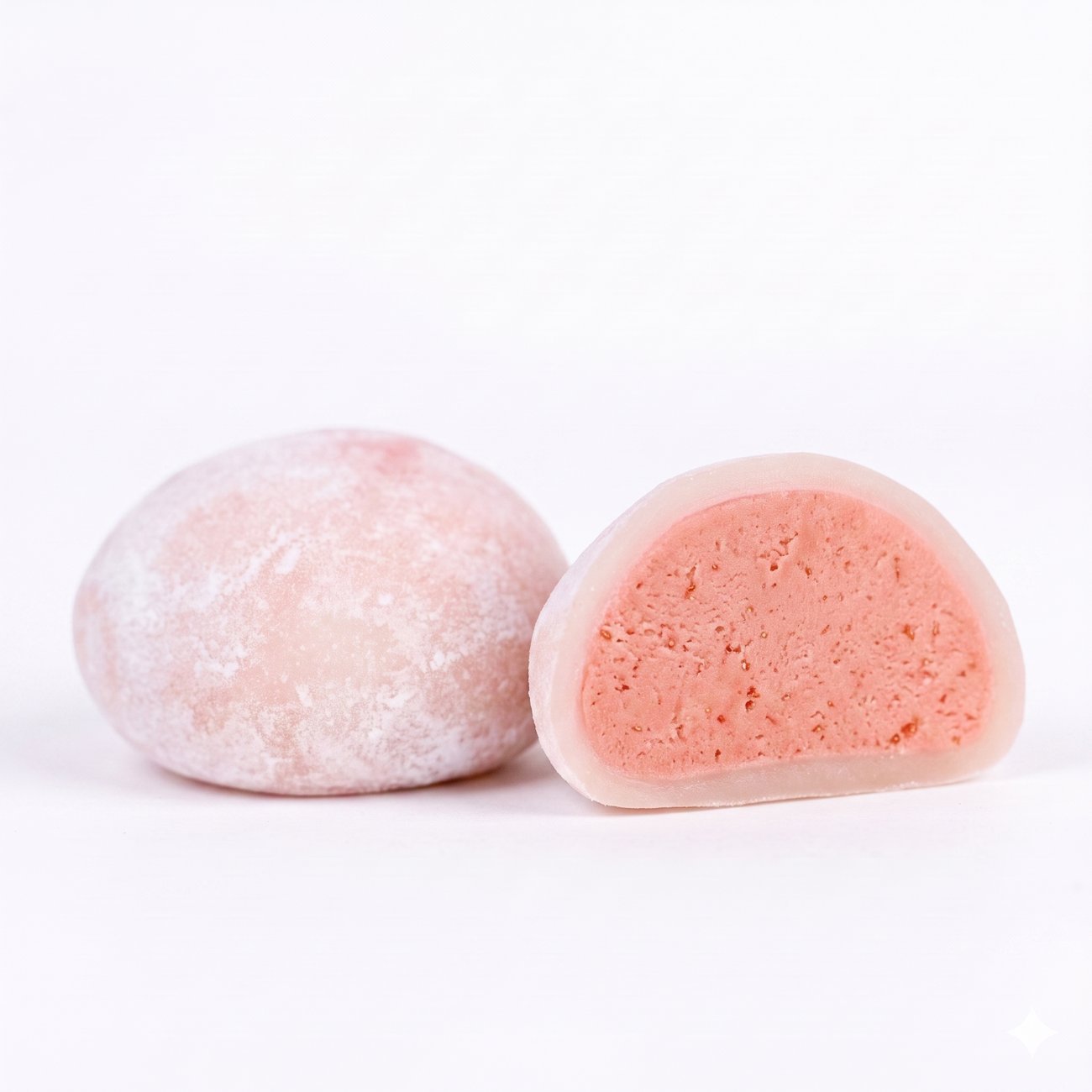 Strawberry mochi cut open to show the soft centre